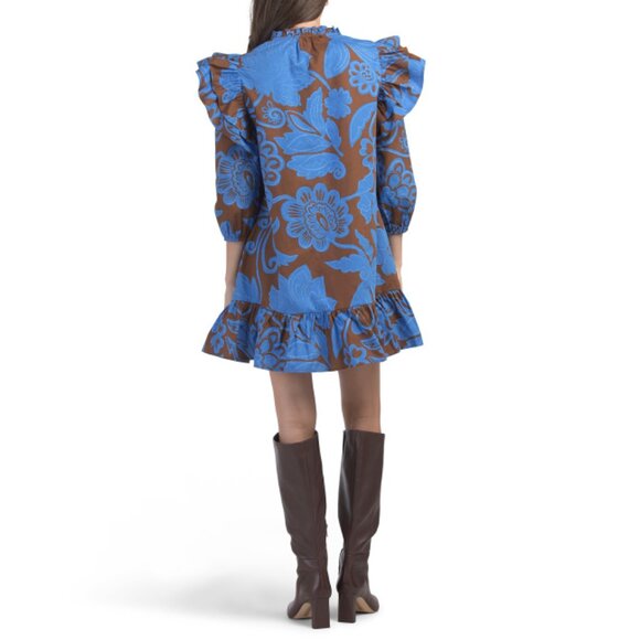 SUGAR LIPS blue/brown Ofelia Floral Sammy Ruffle Drop Waist Mini Dress - Picture 2 of 2